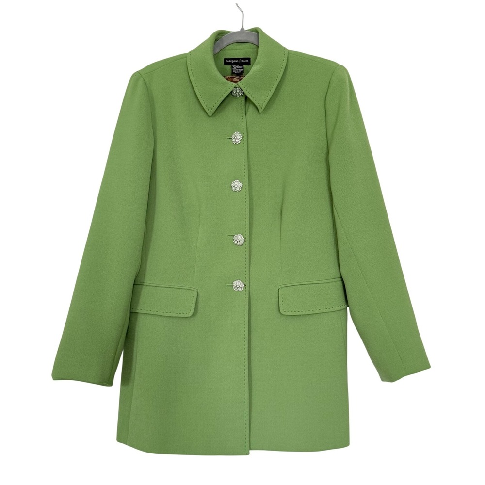 Margaret Frances Blazer Women 12 Green  Rhinestone‎ Button Longline Coat Vintage